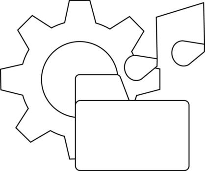 A gear behind a folder with attached objects all represented by simple black outlines on a white backdrop vector