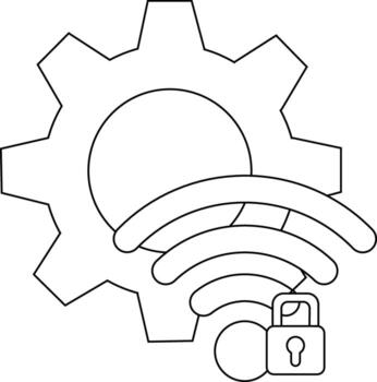 A gear WiFi signal and padlock in a simple line drawing create a secure network configuration illustration vector