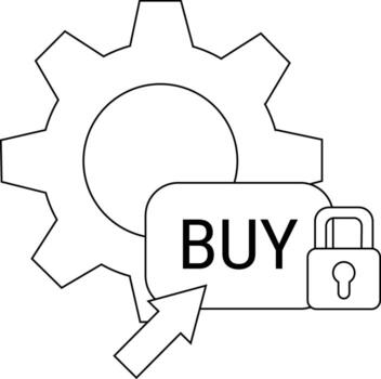 An image shows a gear a BUY button an arrow pointing at the button and a lock all in a black and white outline style vector