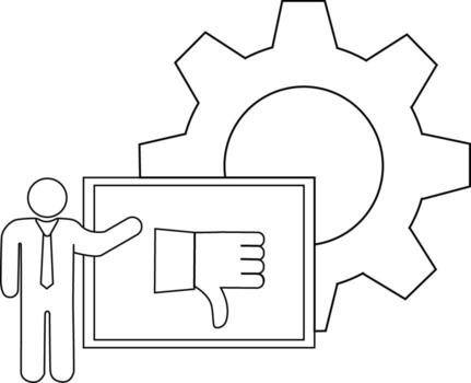 Outlined figure pointing to a thumbdown image with a gear behind vector