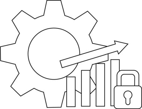 A cogwheel upward arrow bar graph and padlock illustrate an ascending trend with security implications vector