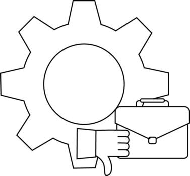 A gear with a circle inside a downward pointing thumb and a briefcase are visible vector