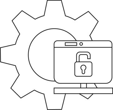 A gear behind a computer screen displaying an open padlock icon vector
