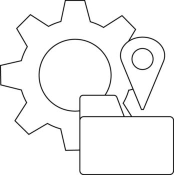 Line art depicts a gear map pin and file folder arranged together vector