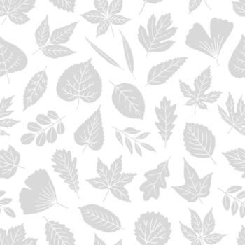 Seamless pattern with gray silhouette leaves on white background, leaf of maple, oak, linden, aspen, ginkgo, and others. Print for textile, package, and wrapping paper, illustration vector