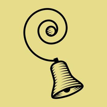 A stylish, minimalist icon of a hand-bell, in a clean, black line art or sketch style. Featuring a classic bell hanging from an exaggerated, whimsical cord that forms a large spiral or coil vector
