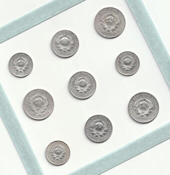 un colección de plata monedas arreglado en un cuadrícula patrón, exhibiendo varios tamaños y diseños, desplegado en un ligero antecedentes foto