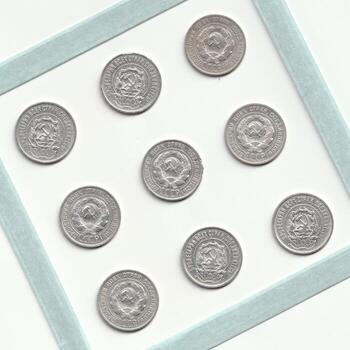 A collection of ten identical silver coins arranged in a grid pattern, displayed on a white background with a light blue frame photo