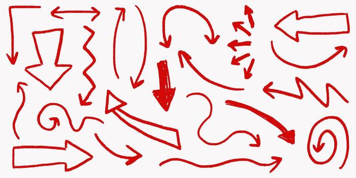 Rough red chalk arrows with crayon underlines, doodle direction pointers, swirling scribbles and textured grunge effect. vector