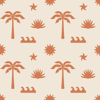 Summer seamless pattern with palm trees, sun, waves, starfish. Boho seamless pattern. Background design. Repeating print for fabric, wrapping paper, textile vector