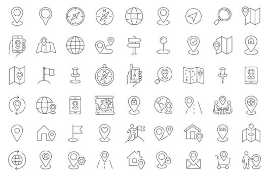 Location And Navigation Line Icon Set. A Collection Of 54 Thin Line Editable Stroke Icons Representing Map Pins, GPS, Compass, Direction, And Travel Symbols. Perfect For Maps, Apps. Isolated vector