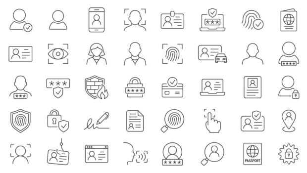 Identity Line Icons Set. A Collection Of 40 Thin Line Editable Stroke Icons Representing Personal Data, Fingerprints, ID Cards, Passwords, And Security. Perfect For Identity Verification And Privacy vector