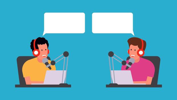 This illustration of two podcasters discussing via microphone and laptop depicts the interactive and collaborative broadcast atmosphere in the digital world. vector