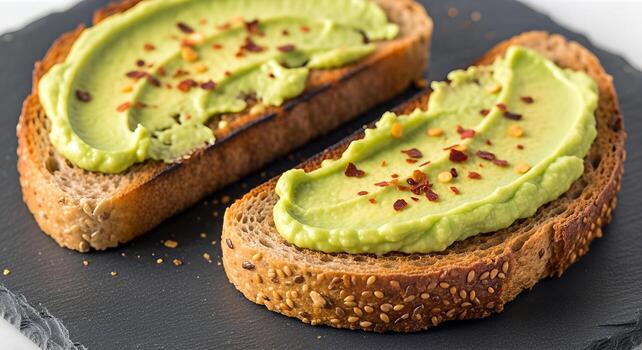 Delicious Avocado Toast with Chili Flakes on Rustic Whole Grain Bread Close up Top View Healthy Breakfast and Snack photo