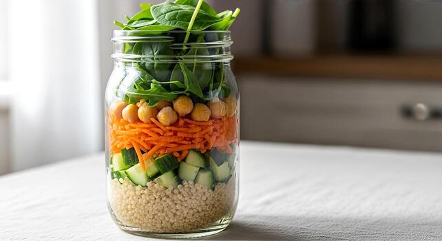 Healthy Layered Salad in a Jar Quinoa Chickpeas Carrots Cucumber and Spinach Perfect for Meal Prep and On the Go Lunches photo