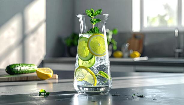 Refreshing Cucumber Lemonade Mint Infused Water in a Pitcher Healthy Hydration Drink photo