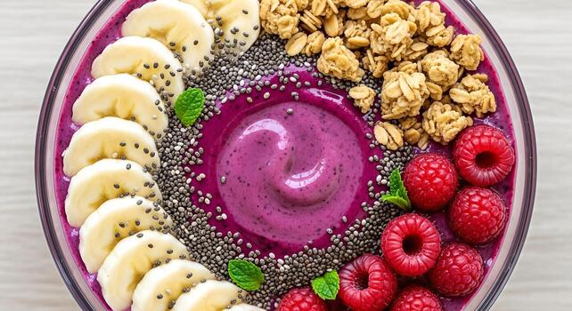 Delicious Smoothie Bowl with Banana Raspberry Granola and Chia Seeds Healthy Breakfast photo