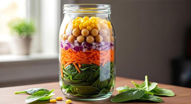 Healthy Layered Salad in a Jar Fresh Spinach Carrots Onion Chickpeas and Corn Grab and Go Meal Prep photo
