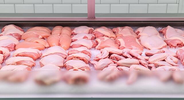 Fresh Raw Chicken Cuts on Ice Display in Butcher Shop Healthy Protein Source photo