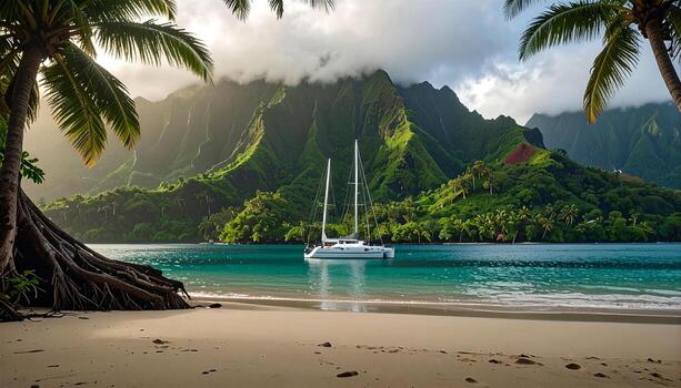 Luxury Catamaran Anchored in Turquoise Tropical Lagoon with Lush Green Mountains and Palm Trees photo