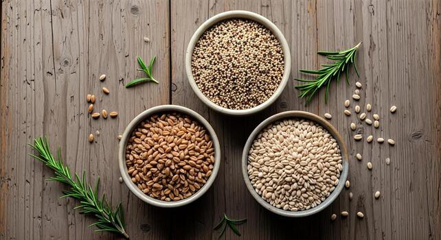 Three Bowls of Grains and Seeds with Rosemary Sprigs on Rustic Wooden Table photo