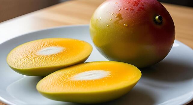 Fresh Ripe Mango Sliced in Half on White Plate with Water Droplets Tropical Fruit Close up Macro photo