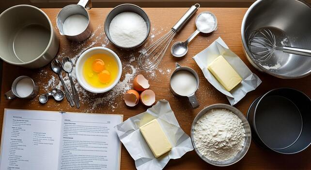 Overhead flat lay of baking ingredients and tools ready for creating a delicious cake or pastry recipe featuring eggs butter flour sugar and measuring cups photo