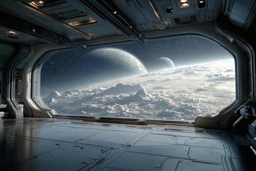 Futuristic spaceship interior with large window showing planets, clouds, and stars in outer space photo