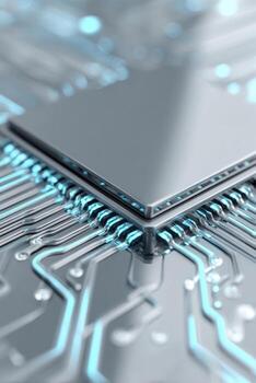 lustroso futurista pastilla con brillante circuito líneas en metálico superficie foto