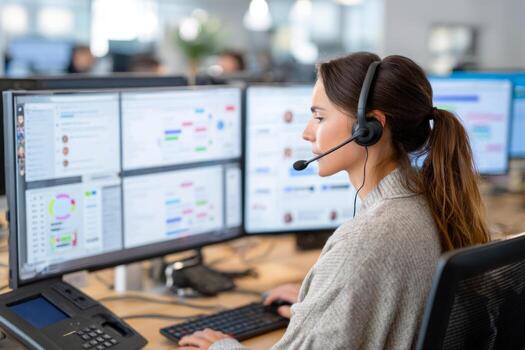 Customer support agent wearing a headset working on a computer with multiple screens photo