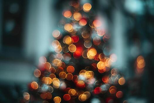 Blurred view of Christmas tree with glowing bokeh lights in dark interior photo