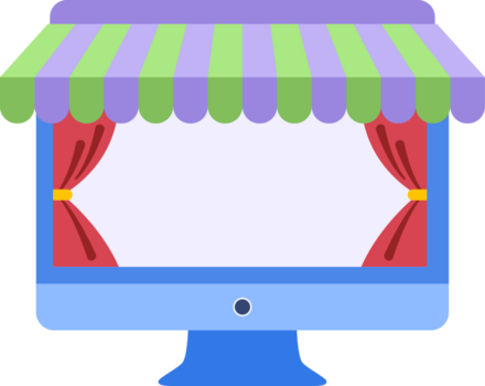 digital skyltfönster begrepp för e-handel med en dator övervaka skärm terar en randig markis och teater- röd gardiner png