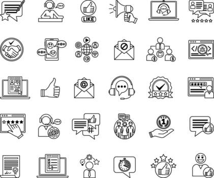 Feedback Icons Set. Illustrations Support, Like, Handshake, Error, Comments, Social Networks, Reviews, Spam, Thumbs Up, Technical Support, Rating, Mail, and Others vector