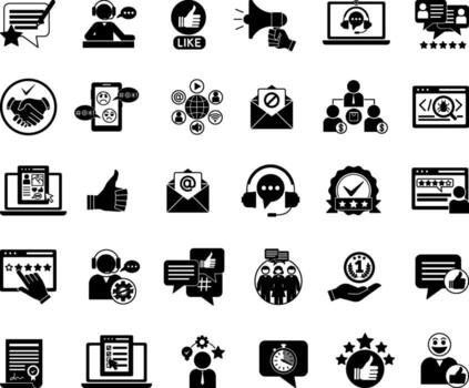 Black Feedback Icons Set. Illustrations Support, Like, Handshake, Error, Comments, Social Networks, Reviews, Spam, Thumbs Up, Technical Support, Rating, Mail, and Others vector