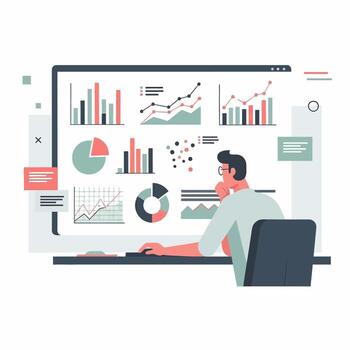 hombre analizando financiero cartas en computadora pantalla con datos visualización vector