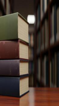 Stack of Old Books on a Wooden Table in a Library Setting. photo