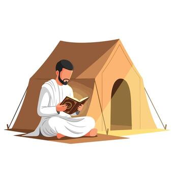 hombre en ihram leyendo Corán en un tienda durante hajj peregrinaje vector