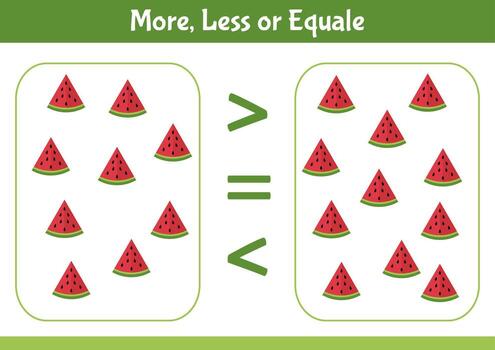 Kids math worksheet count the cute watermelon slices and compare quantities using the correct symbol vector