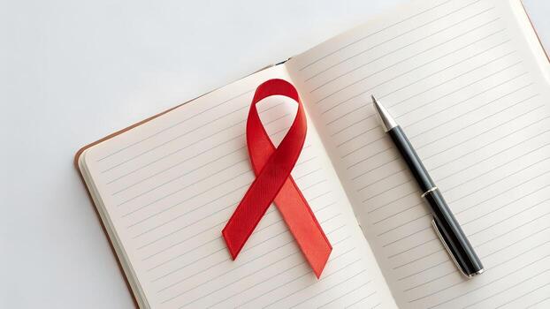 Red Ribbon on Open Notebook with Dots on White Surface Flat Lay Composition photo