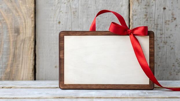 vacío rectangular marco adornado con rojo satín cinta en afligido de madera superficie en suave natural Encendiendo foto