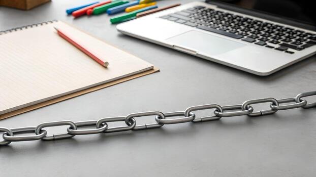 Overhead View of Open Laptop Notebook and Chain on a Gray Tabletop photo