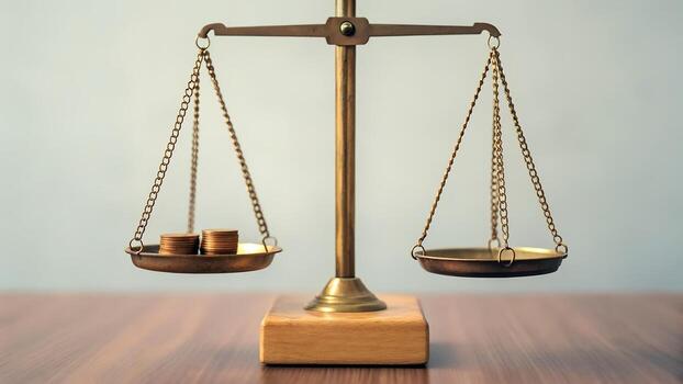 Golden Balance Scale with Stacked Coins on One Side on Wood Table photo