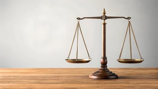 Justice Balance Scale on Wooden Table Against a Light Gray Background photo