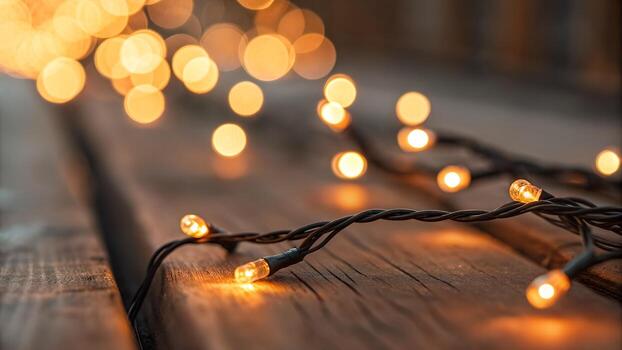 Glowing String Lights on Rustic Wooden Surface Creating Warm Festive Ambience and Bokeh Effects photo
