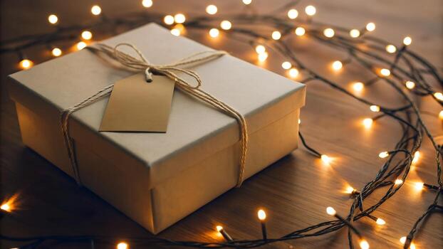 Tan Gift Box Wrapped With String and Tag With Warm Glowing String Lights On Wooden Tabletop photo