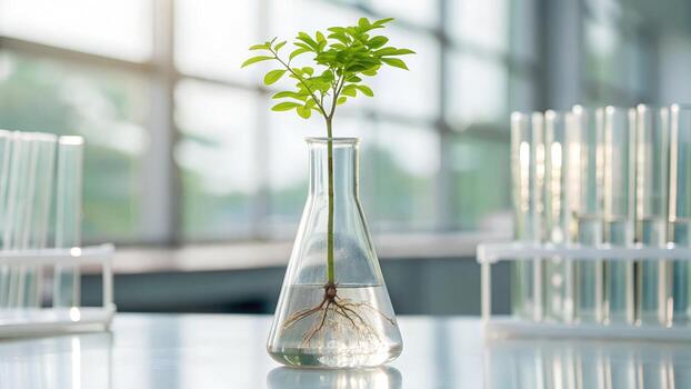 A Single Green Sapling Grows in a Flask on a Lab Table Surrounded by Test Tubes photo