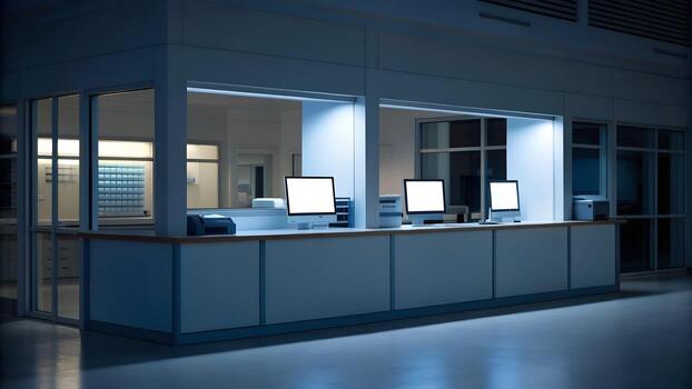 Modern Office Reception Desk With Computer Monitors And Printers In Dim Lighting photo