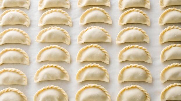 Row Of Uncooked Dumplings Arranged In A Pattern On A White Surface photo