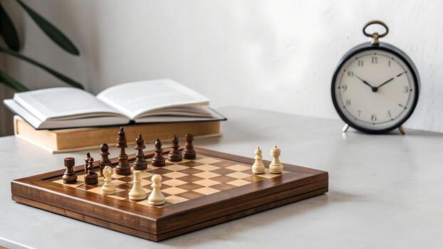 Chessboard with pieces set up for a game next to an open book and clock on a table photo
