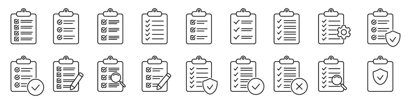 Set of clipboard with checklist icons. Clipboard line icon. Checklist with gear, magnifier and pencil. symbol for web site and app design. vector